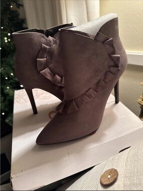 Ruffle-Trim Pointed Stiletto Ankle Booties in Taupe